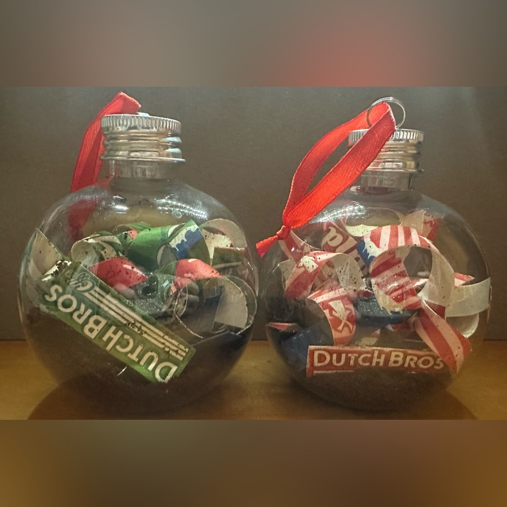 2 Dutch Bros Holiday Ornaments with Red and Green Accents
